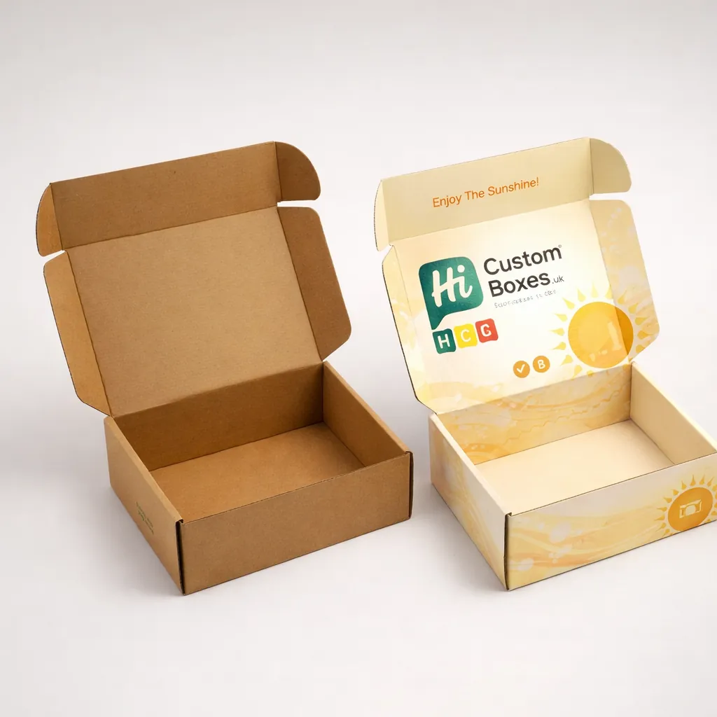 Two open cardboard mailer boxes, one plain brown and one custom printed with sun graphics. class=